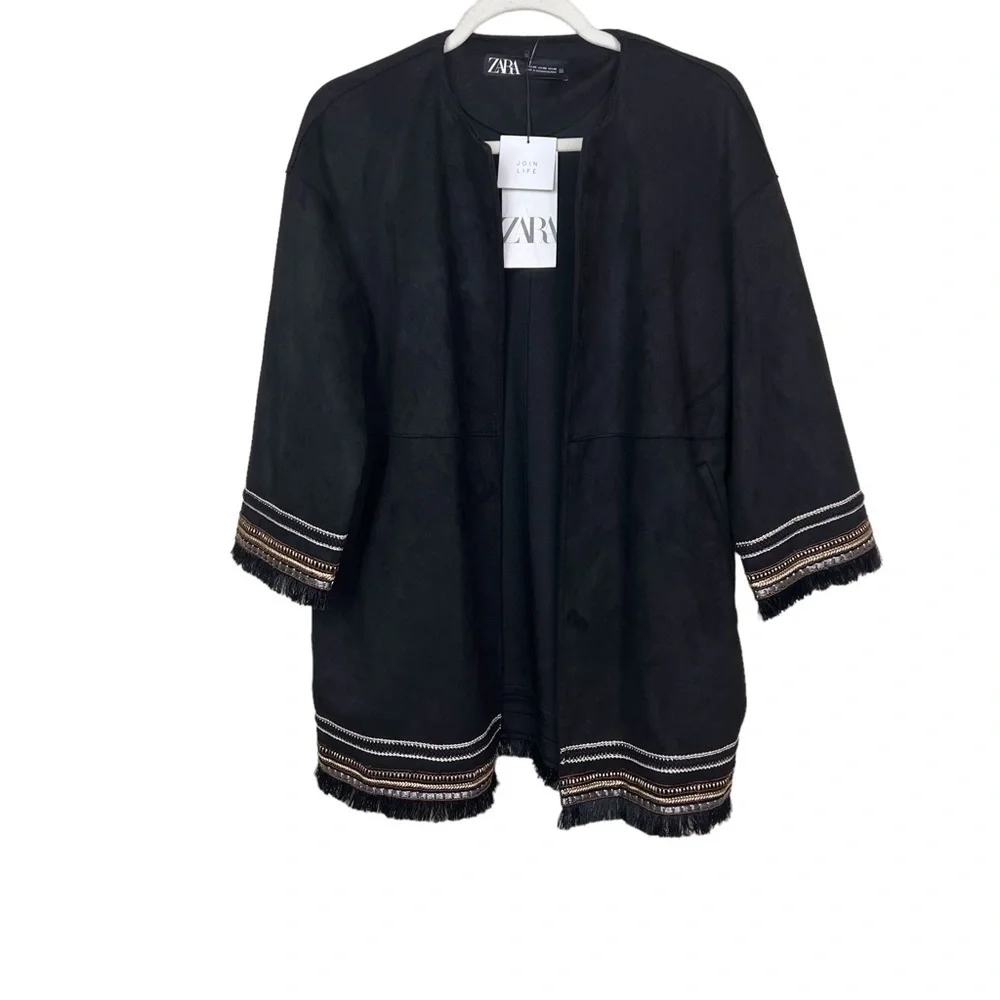 ZARA Combination Faux Suede Embroidered Fringe Hem Jacket Black